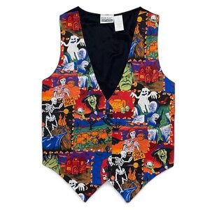 Vintage 90s Halloween Vest Button Front Size S Spooky Witches Skeletons Ghosts